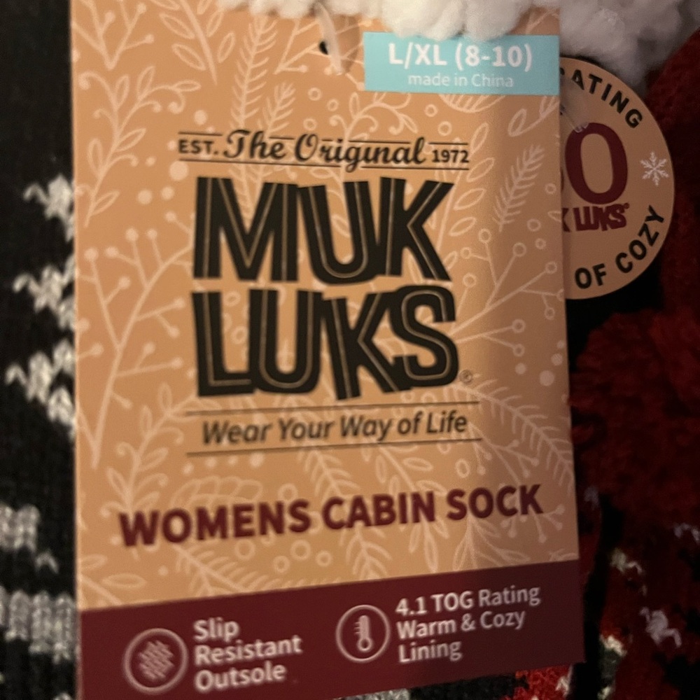 Muk Luks Black and Red Snowflake Sherpa Lined Cabin Slipper Socks with Pom Poms - Picture 6 of 7